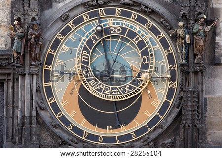 Unique astronomical clock on gothic Old Town Hall in Prague supplemented with a round calendarium including zodiac signs painted by Josef Manes (1865).