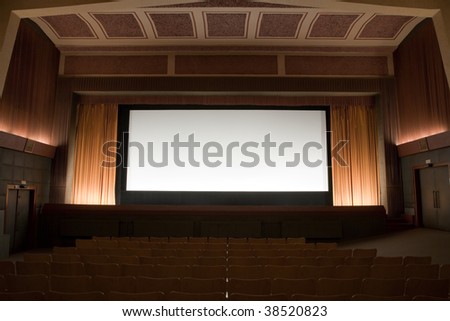 Empty retro cinema auditorium in cubism style with line of chairs and projection screen. Ready for adding your own picture.