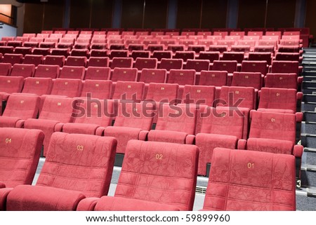 Interior of cinema auditorium with lines of chairs.