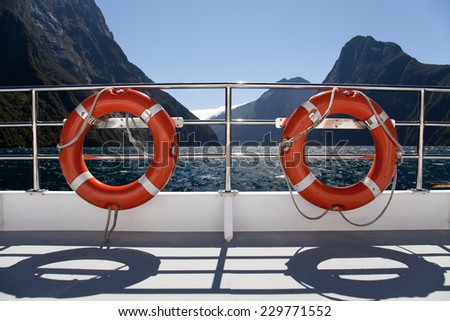 Rescue rings on upper deck boat, New Zealand, Southern Island