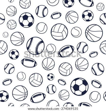 Vector Sports Balls Black and White Seamless Background, Sports Equipment, Pattern