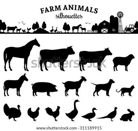 Vector farm animals silhouettes isolated on white. Livestock and poultry icons. Rural landscape with trees, plants, farm animals and farm