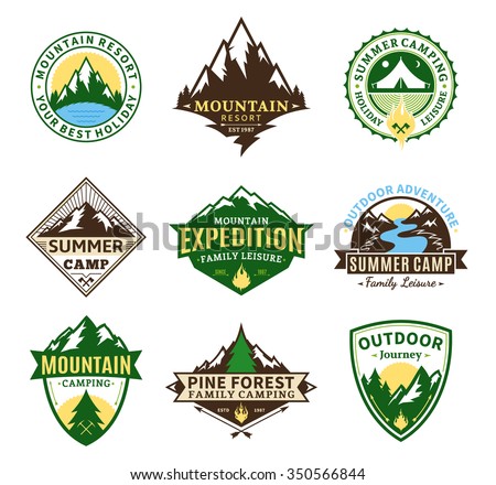Set of camping and outdoor activity logos. Tourism, hiking and camping labels. Camping and travel icons for tourism organizations, outdoor events and camping leisure.