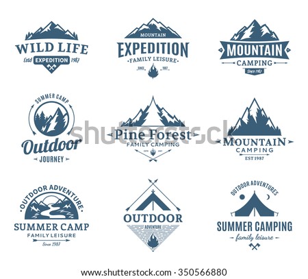 Set of camping and outdoor activity logos. Tourism, hiking and camping labels. Camping and travel icons for tourism organizations, outdoor events and camping leisure.