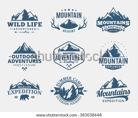 Set of vector mountain and outdoor adventures logo. Tourism, hiking and camping labels. Mountains and travel icons for tourism organizations, outdoor events and camping leisure.