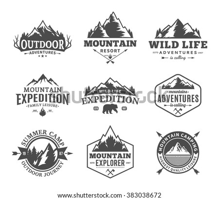 Set of vector mountain and outdoor adventures logo. Tourism, hiking and camping labels. Mountains and travel icons for tourism organizations, outdoor events and camping leisure.