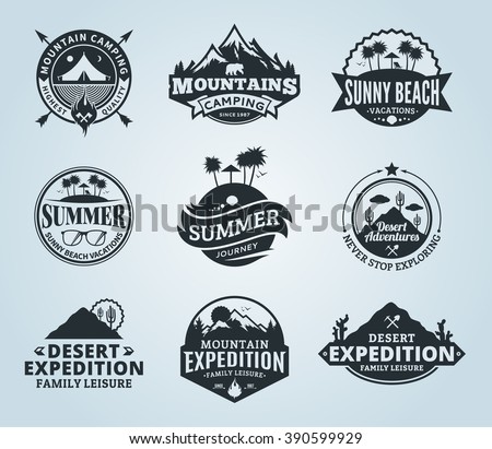 Set of vector summer, mountain and outdoor adventures logo. Tourism, hiking and camping labels. Mountains and travel icons for tourism organizations, outdoor events and summer leisure