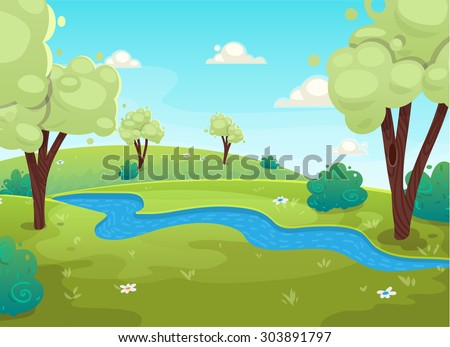 Cartoon style river forest tree and bushes flowers background. vector art illustration