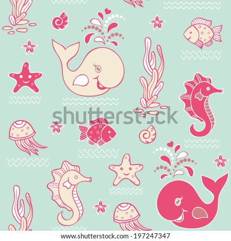 Vector illustration of seamless pattern with ocean animals.Underwater world