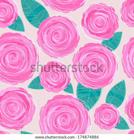 Seamless decorative background with blooming flowers. Pink roses and leaves on beige back.