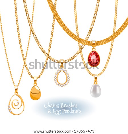 Set of golden chains with egg form pendants Precious necklaces Include chains brushes Set of golden chains with egg form pendants Precious necklaces Include chains brushes