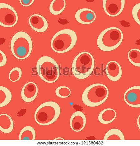 Seamless ovals and birds pattern - red color. Raster version.
