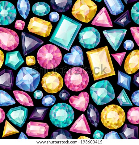 Seamless colorful gemstones background on black Jewels pattern Seamless colorful gemstones background on black Jewels pattern