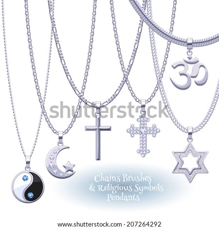 Set of silver chains with religious symbols pendants. Precious necklaces. Include chains brushes.