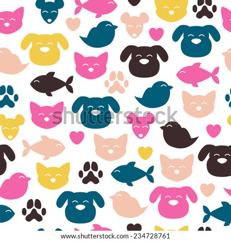 Cheerful domestic animals seamless colorful pattern. Cat, dog, fish, bird and mouse. Pet-shop background.