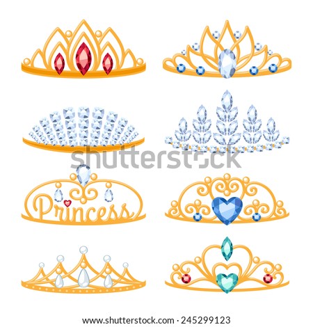 Set Of Beautiful Golden Tiaras With Gemstones. Cartoon Style. Jewelry