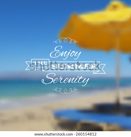 Vector seaside blurry summer sea landscape with beach chair and sun umbrella. Vacation, travel, holiday tour backdrop.