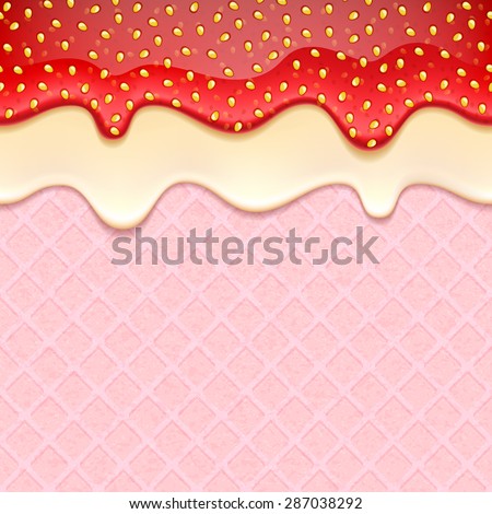 Pink wafer and flowing white chocolate cream yogurt and strawberry jam - vector background. Sweet texture. Soft icing.