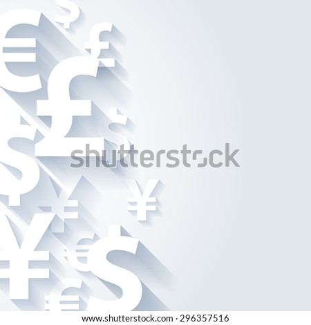 Currencies symbols paper white abstract background. Yen dollar euro pound vector illustration. Finance business money exchange concept.