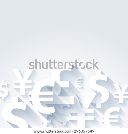 Currencies symbols paper white abstract background. Yen dollar euro pound vector illustration. Finance business money exchange concept.
