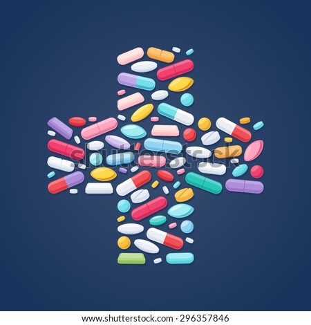 Colorful pills tablets capsules icons in cross shape vector background. Medicine health care symbols.