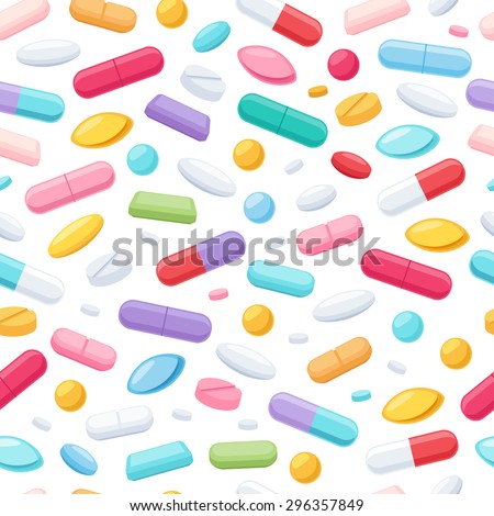 Colorful pills tablets capsules icons seamless pattern. Vector background. Medicine health care symbols.