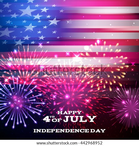 4th July Independence day background design. National day USA holiday banner poster greeting card. Stars and stripes american flag with fireworks vector illustration.