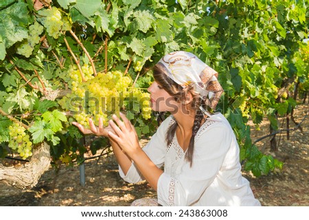 Young woman, vine grower, inspecting the fresh grape crop in the vineyard.