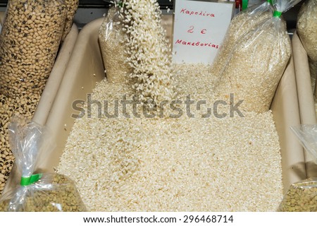 Nutritious health booster high protein high energy food a heap of white rice on an open air food market bazaar.