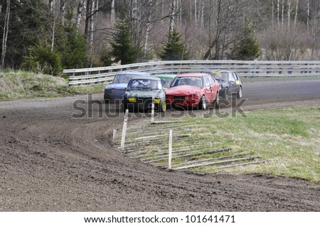 ISATRA, SWEDEN - APRIL 28: Unidentified people in first competition. Organizes smk Sala. Official name are folk-race, at old wrecked cars stock in Isatra, Sweden on April 28, 2012.