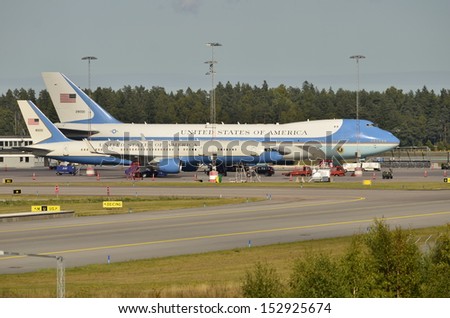 ARLANDA, SWEDEN - SEPTEMBER 4: Air Force One taxis on Arlanda international airport as US president  Barack Obama begins his first historic trip to Sweden on September 4, 2013 in Arlanda Sweden