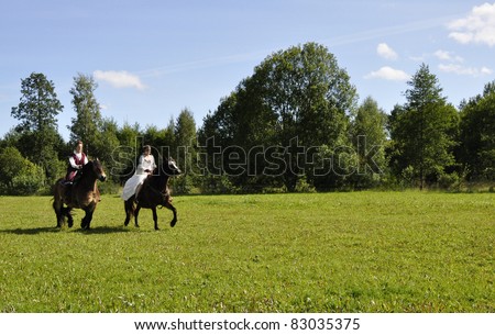 Princess bride and her knight riding on a horse / wedding