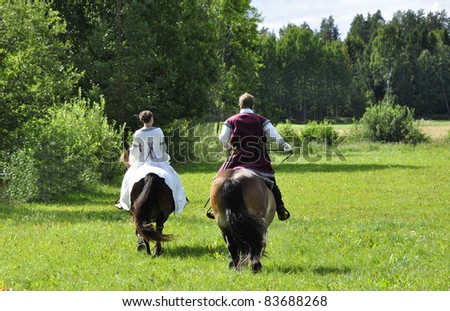 Princess bride and her knight on horses / wedding
