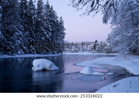 River in winter and tree covered with white snow in sunrise