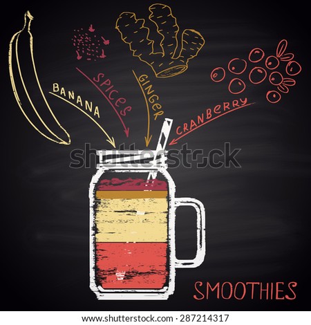 Colorful chalk painted illustration of glass with smoothie (banana, ginger, cranberry and spices). Infographic.
