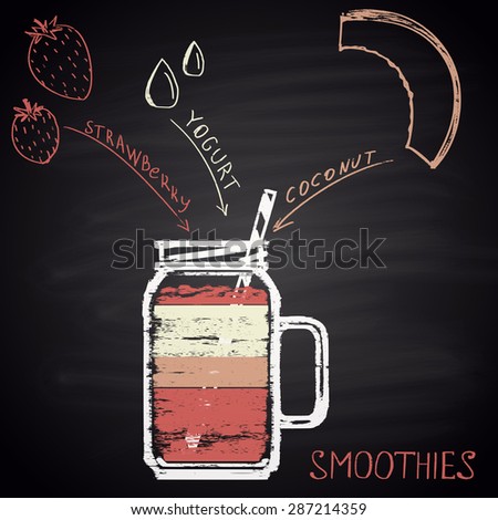 Colorful chalk painted illustration of glass with smoothie (strawberry, yogurt and coconut). Infographic.
