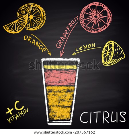 Colorful chalk painted illustration of glass with citrus juice. Infographic.