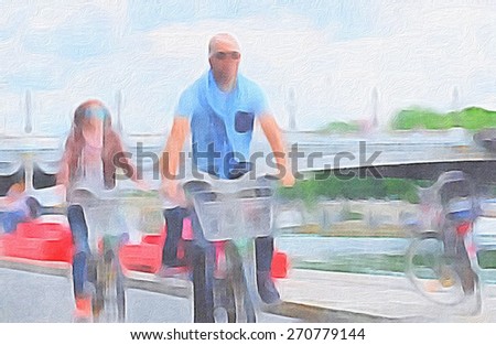 Blurry and textured photograph simulating an abstract oil painting of cyclists alongside the Seine in Paris, France