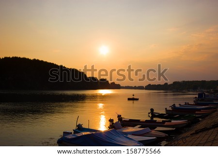 Sunset over the river in the summer early evening, Sunset, photography