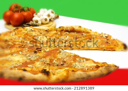 Fresh pizza on the Italian flag, Italian pizza, photography