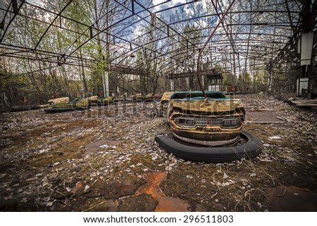 Abandoned bumper cars in the amusement park in Pripyat. Chernobyl nuclear power plant zone of alienation