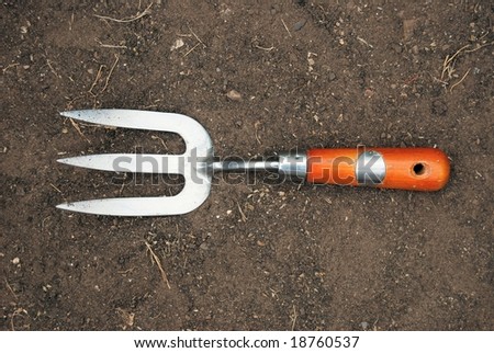 Small gardening fork on the ground