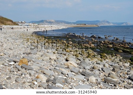 Landscape of rocky beach with pebbles at Lyme Regis, Dorset, South West England