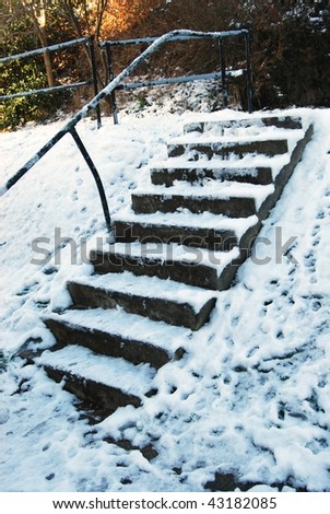 Dangerous stairs covered in winter snow