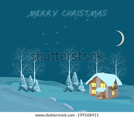 Christmas landscape. Little House on the background of a winter landscape and the night sky. illustrations