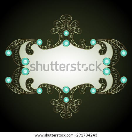 Floral golden jewelry pattern frame with emerald on black background