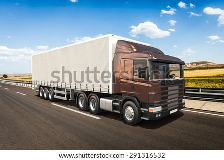 3D design semi-trailer truck on a landscape background