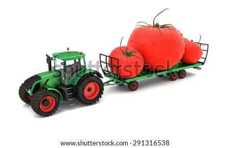 3D image of large tomatoes carried by tractor on white background