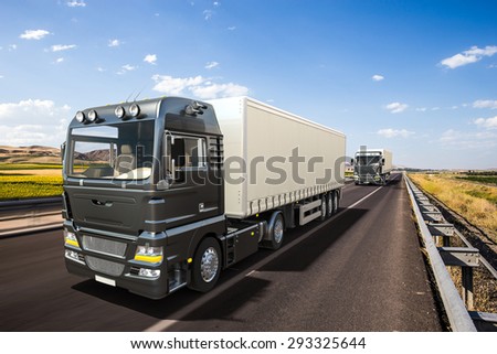 3D design semi trailer delivery trucks on highway with beautiful landscape
