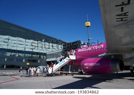 GDANSK, POLAND - September 14: Wizz Air Airbus A320 at Gdansk Airport on September 14, 2013. Wizz Air is a Hungarian low-cost airline.